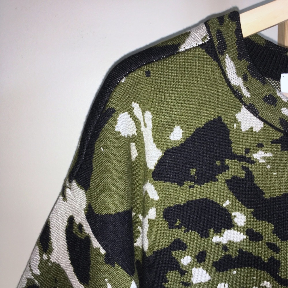 DKNY Womens Camo Print Zipper Shoulder Knit Top Green Black Beige Size M